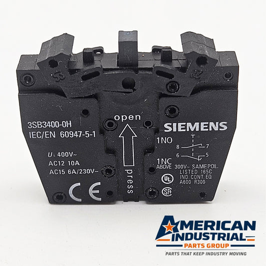 Siemens 3SB3400-0H auxiliary contact block for MRO applications. American Industrial Parts Group.