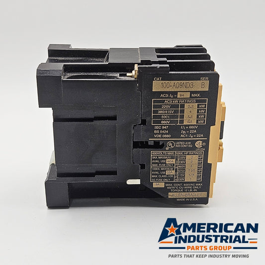 Allen-Bradley 100-A09ND3 Series B IEC contactor 120VAC coil 9A 3-pole for motor control and industrial automation systems