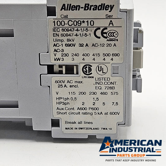 Allen-Bradley 100-C09D10 contactor for industrial automation and MRO motor control applications. American Industrial Parts Group.