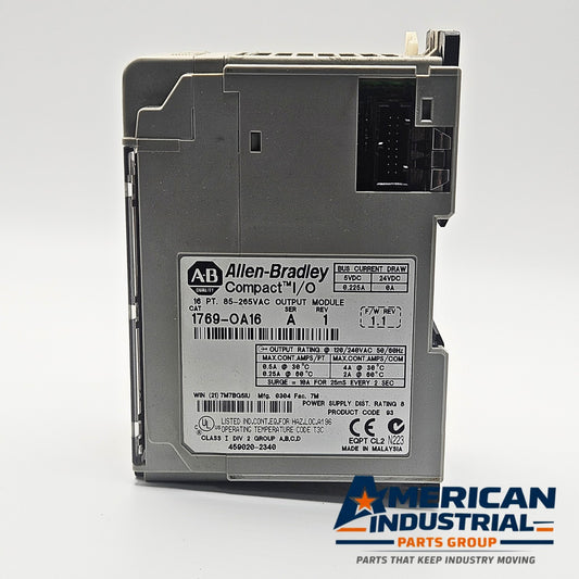 Allen-Bradley 1769-OA16 Compact I/O AC output module front view, industrial automation MRO PLC control component. American Industrial Parts Group.