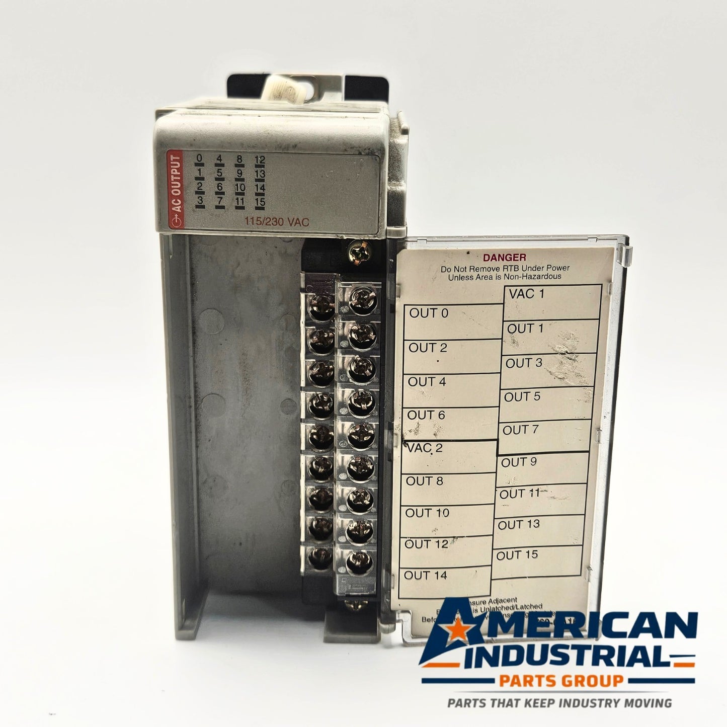 Allen-Bradley 1769-OA16 Compact I/O 16 point AC output module gallery view, industrial automation MRO PLC output component. American Industrial Parts Group.