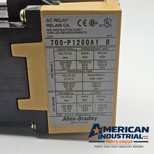 Allen-Bradley 700-P1200A1 Bulletin 700 Type P direct drive AC relay 120VAC for industrial control panels and motor control systems
