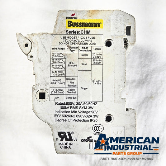 Cooper Bussmann CHM 10x38 32A 690V midget fuse holder for industrial electrical panels and MRO applications