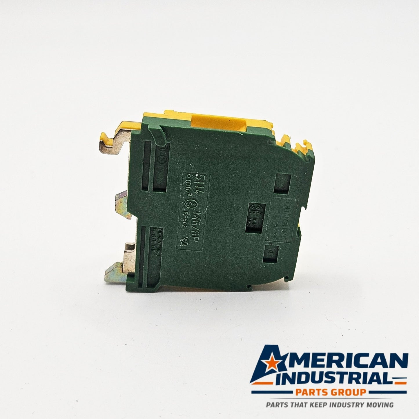 Entrelec 5114 M6/8P used ground terminal block for industrial automation and MRO DIN rail wiring applications. American Industrial Parts Group.