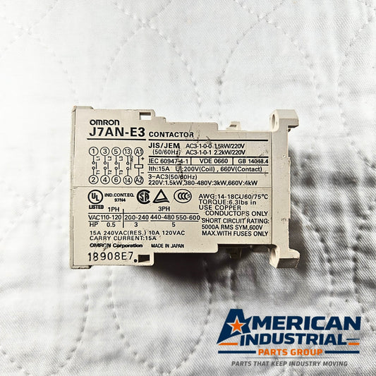 Omron J7AN-E3 contactor 3-pole 24VDC coil 15A DIN rail for motor control and industrial automation systems