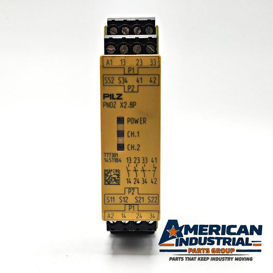 Pilz 777301 PNOZ X2.8P safety relay 24VAC/DC 3 N/O 1 N/C for E-STOP and safety gate monitoring in industrial machinery