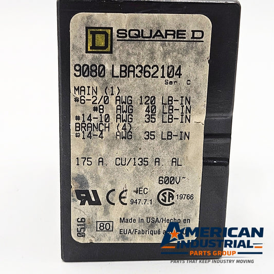 Square D 9080 LBR362104 175A lug connector for MRO control panel applications. American Industrial Parts Group.