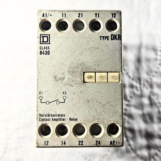 Square D Class 8430 Type DKR contact amplifier relay front view, industrial automation MRO industrial control component. American Industrial Parts Group.