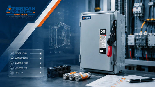 American Industrial Parts Group fused disconnect switch guide featuring industrial fuses and key selection criteria for voltage, amperage, poles, enclosure type, and fuse class