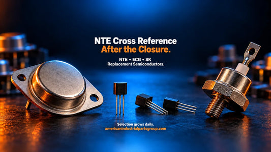 NTE cross reference after the closure graphic showing NTE, ECG and SK replacement semiconductors — American Industrial Parts Group