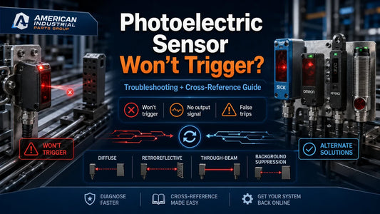 Allen-Bradley photoelectric sensor troubleshooting and Omron cross-reference guide graphic — American Industrial Parts Group