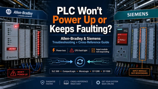 Allen-Bradley SLC 500 PLC troubleshooting and Siemens S7 cross-reference guide graphic — American Industrial Parts Group
