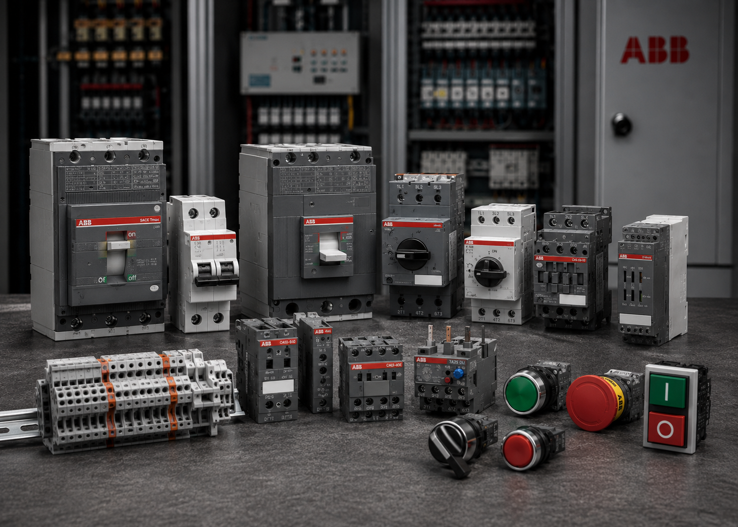 ABB industrial electrical and automation parts including circuit breakers, disconnect switches, auxiliary contact blocks, motor starters, and MRO replacement components from American Industrial Parts Group.