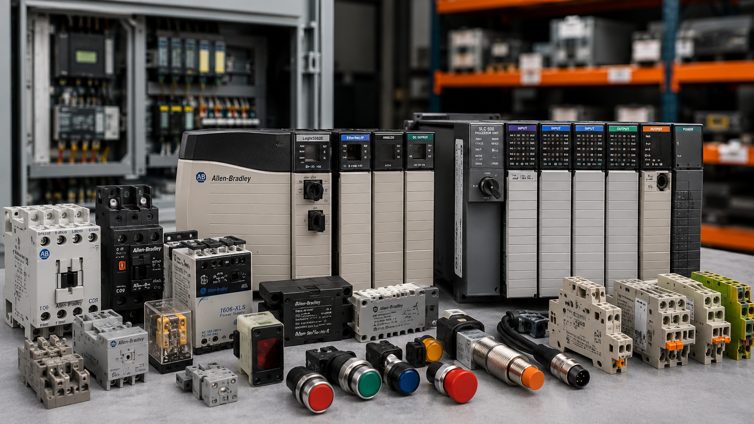 Allen-Bradley industrial automation parts including PLC modules, relays, sensors, contactors, push buttons, and MRO replacement components from American Industrial Parts Group.