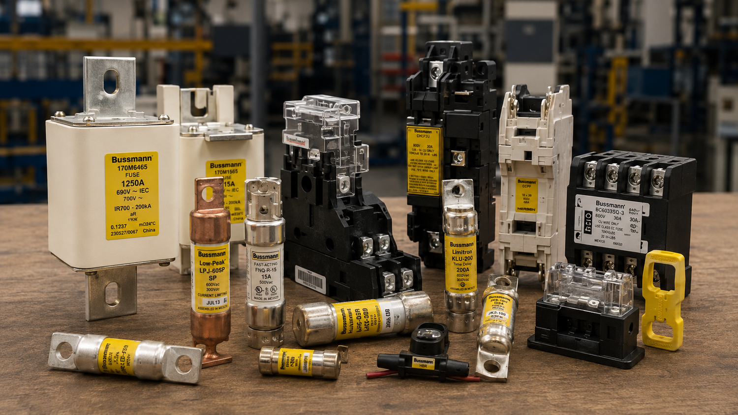 Bussmann fuses, fuse holders, and electrical protection accessories arranged on a workbench, including cartridge fuses, high-speed fuses, DIN rail fuse holders, and industrial MRO replacement components.