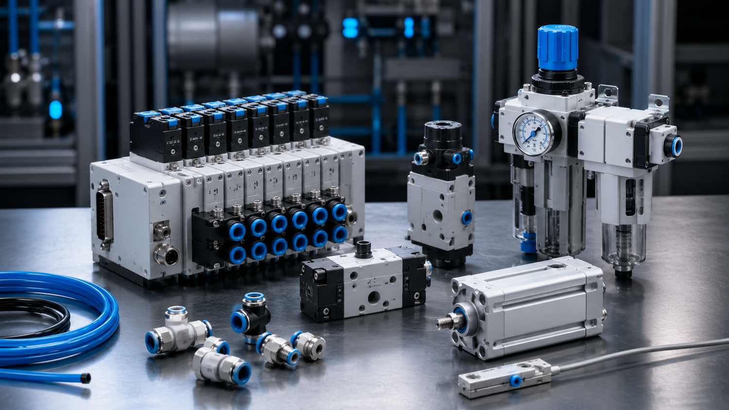 Festo pneumatic automation parts including valve manifolds, solenoid valves, air cylinders, FRL regulator components, push-in fittings, tubing, and MRO replacement pneumatic automation parts from American Industrial Parts Group.