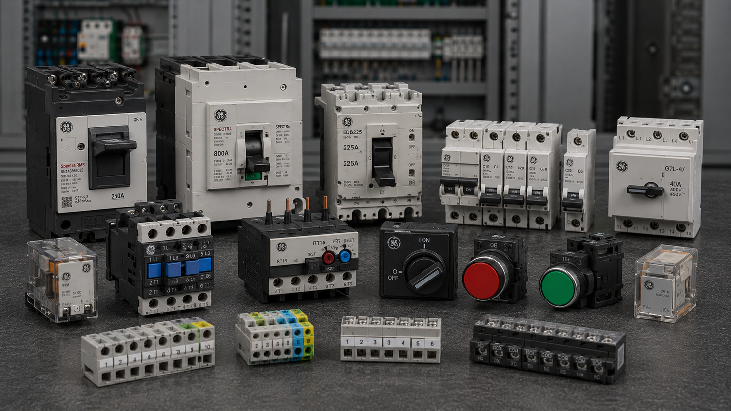 GE industrial electrical and automation parts including circuit protection components, relays, panel controls, terminal wiring hardware, and MRO replacement parts from American Industrial Parts Group.