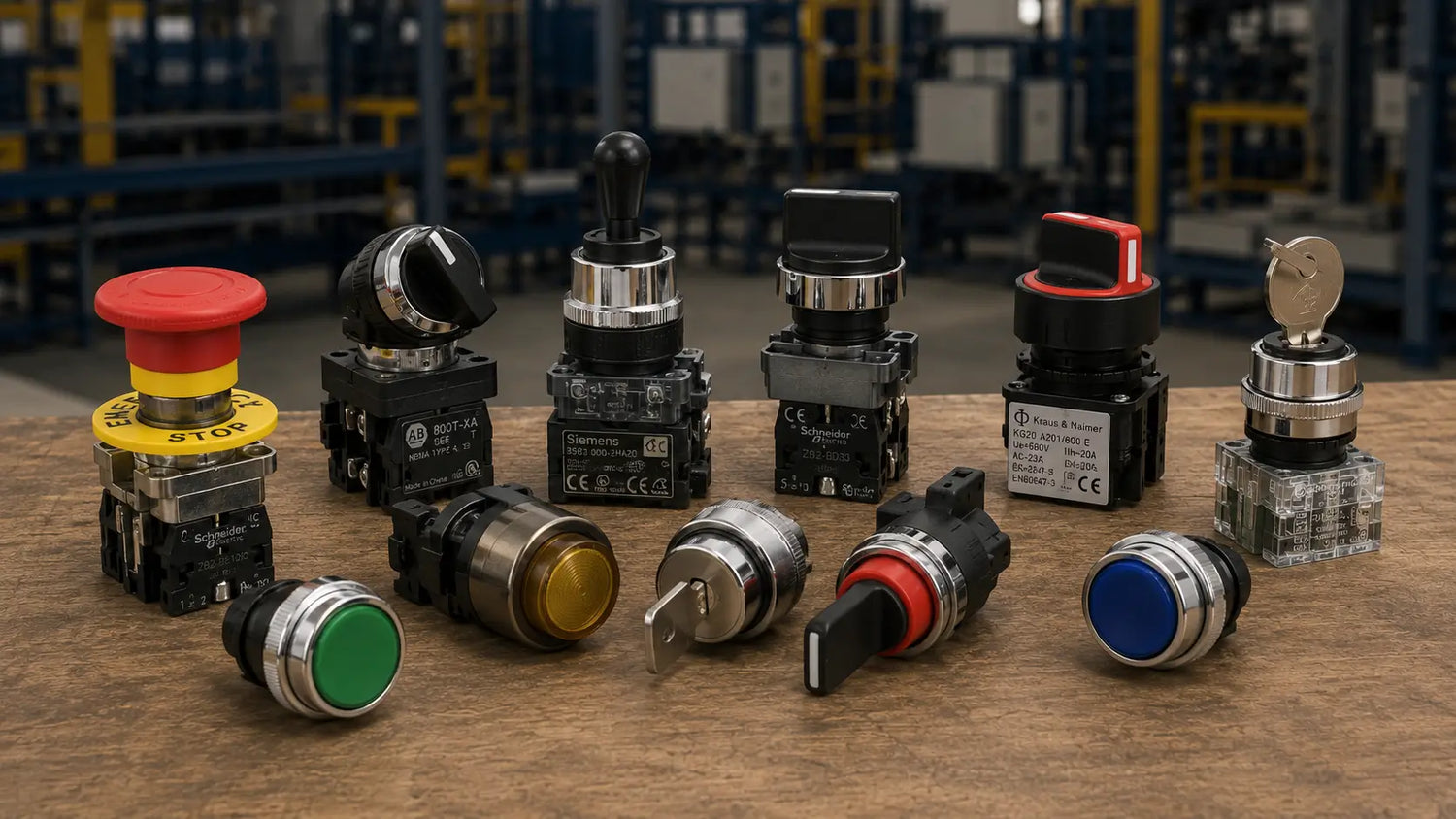 Collection of industrial selector switches, push buttons, key switches, emergency stop buttons, and operator control devices for industrial automation and control panels.