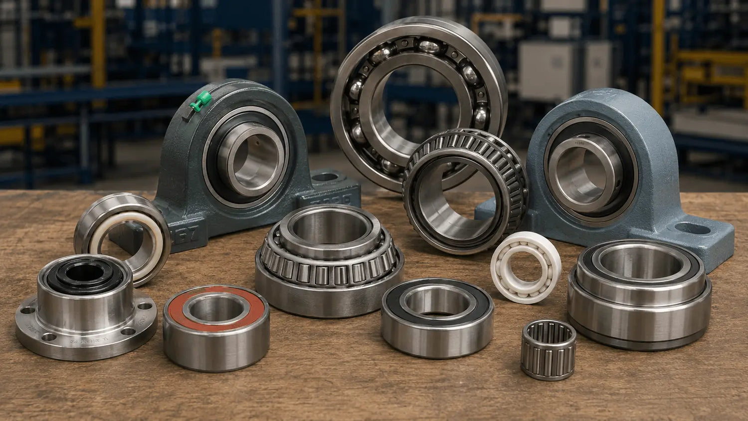 Industrial bearings collection with pillow block, roller, ball, and needle bearings on a factory workbench.