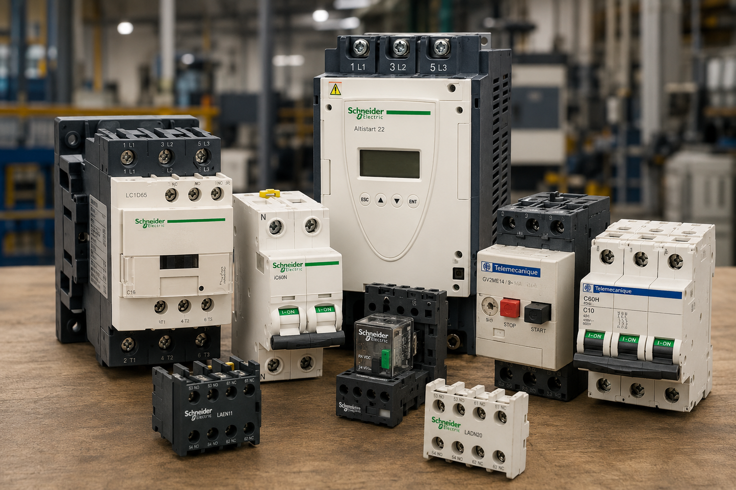 Schneider Electric and Telemecanique industrial automation parts including contactors, relays, circuit breakers, soft starters, and MRO replacement components from American Industrial Parts Group.