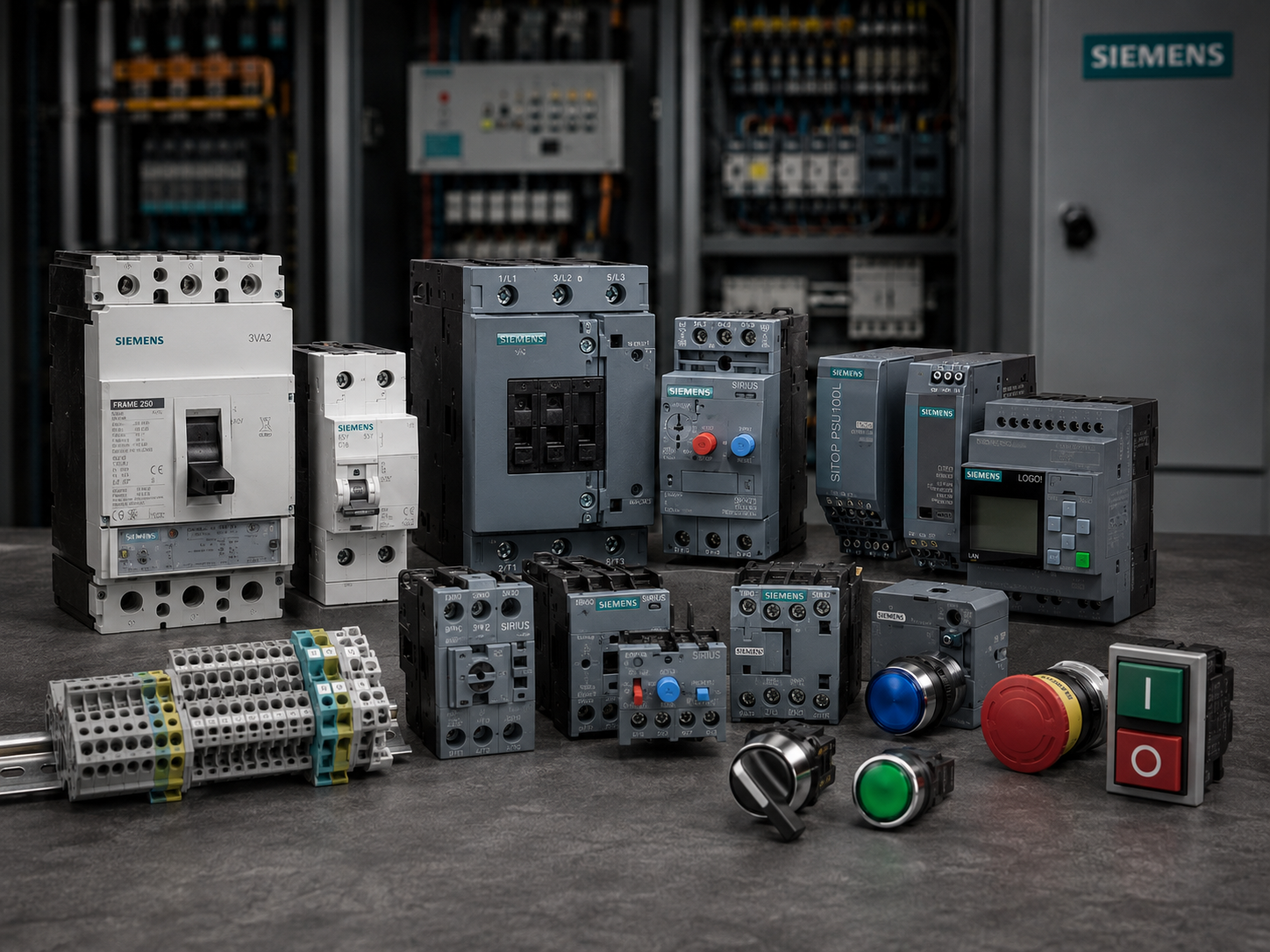 Siemens industrial automation and control parts including circuit breakers, contactors, relays, terminal blocks, PLC controls, and MRO replacement components from American Industrial Parts Group.