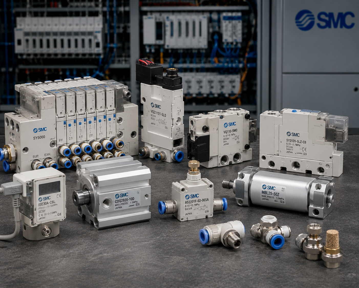 SMC pneumatic valves and automation parts including solenoid valve manifolds, pressure switches, air cylinders, and MRO replacement components from American Industrial Parts Group.