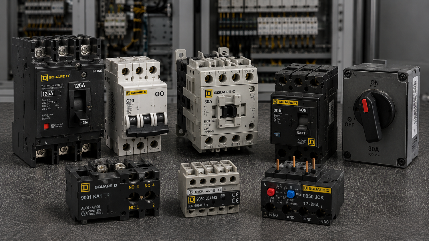 Square D industrial electrical and automation parts including circuit breakers, disconnect switches, auxiliary contact blocks, industrial relays, terminal blocks, and MRO replacement parts from American Industrial Parts Group.