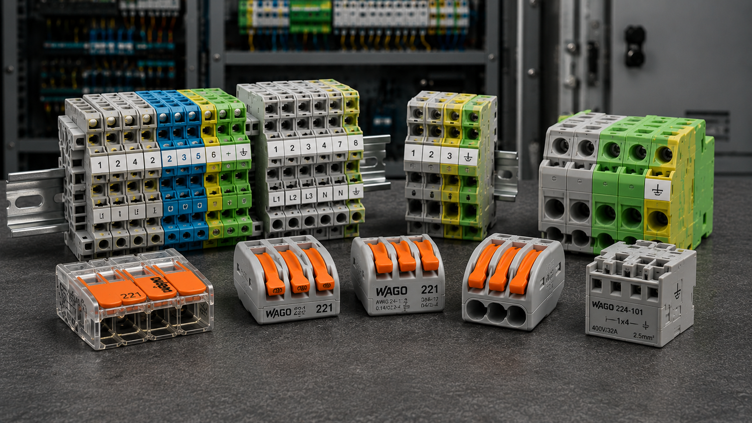 WAGO terminal blocks and industrial automation parts including DIN rail terminal blocks, feed-through terminals, ground terminal blocks, control cabinet wiring components, and MRO replacement parts from American Industrial Parts Group.