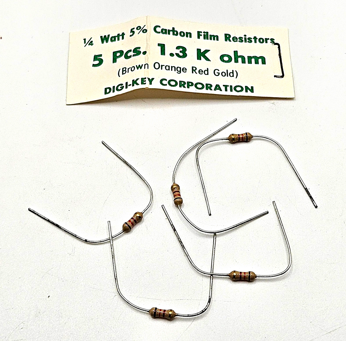 1.3K ohm 1/4W 5% carbon film axial resistors lot of 5 for circuit repair and vintage electronics restoration