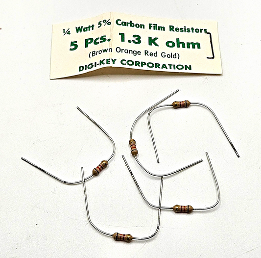 1.3K ohm 1/4W 5% carbon film axial resistors lot of 5 for circuit repair and vintage electronics restoration