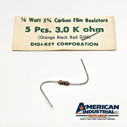 Lot of 5 3.0K ohm 1/4W 5% carbon film axial resistors for circuit repair and vintage electronics restoration
