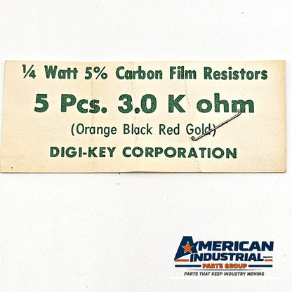 Lot of 5 3.0K ohm 1/4W 5% carbon film axial resistors for circuit repair and vintage electronics restoration