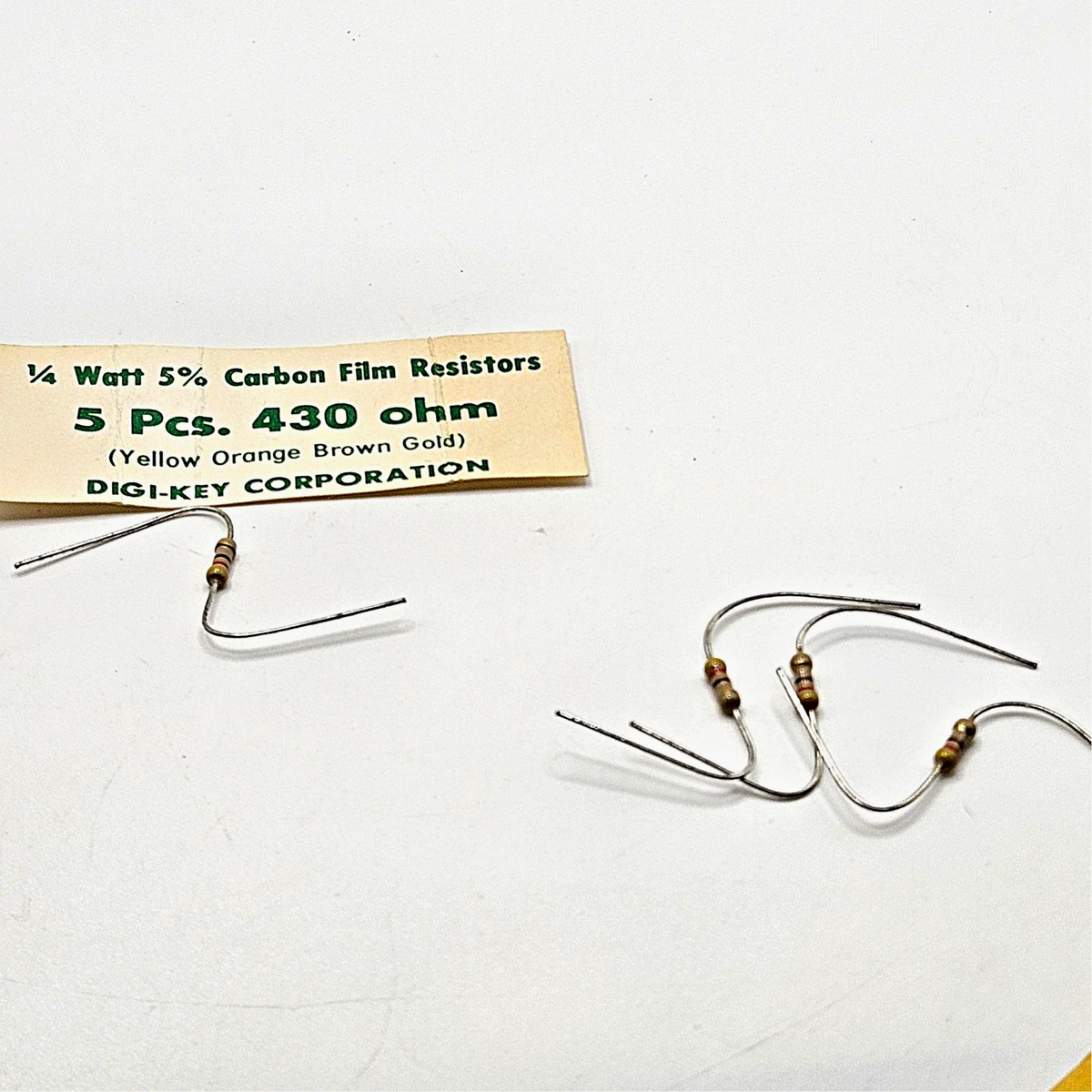 Lot of 4 430 ohm 1/4W 5% carbon film axial resistors new old stock for circuit repair and vintage electronics restoration