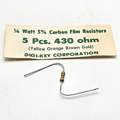 Lot of 4 430 ohm 1/4W 5% carbon film axial resistors new old stock for circuit repair and vintage electronics restoration