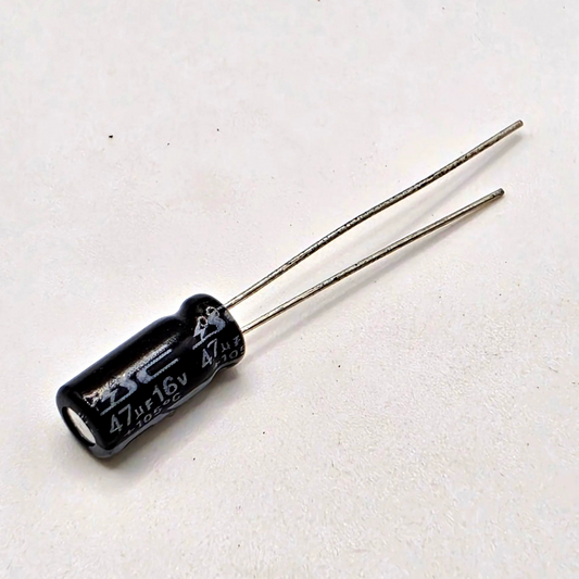 47uF 16V 105C radial aluminum electrolytic capacitor for power supply and circuit board repair from American Industrial Parts Group