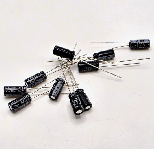 Lot of 10 47uF 16V 105C radial aluminum electrolytic capacitors for power supply and circuit board repair from American Industrial Parts Group