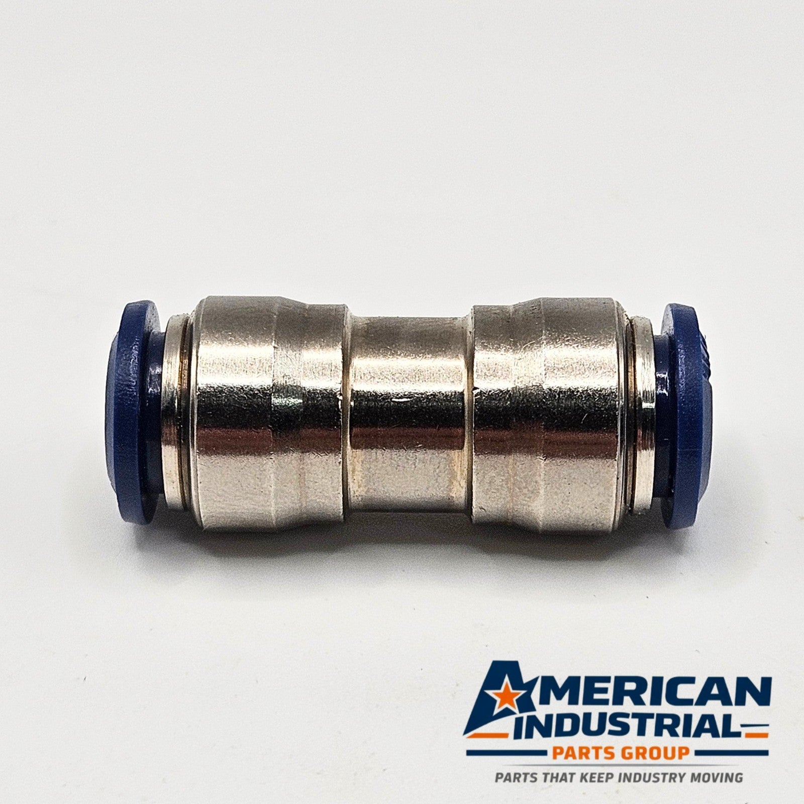 5/16 inch push-to-connect pneumatic tube union fitting gallery view, industrial automation MRO pneumatic tubing connector. American Industrial Parts Group.