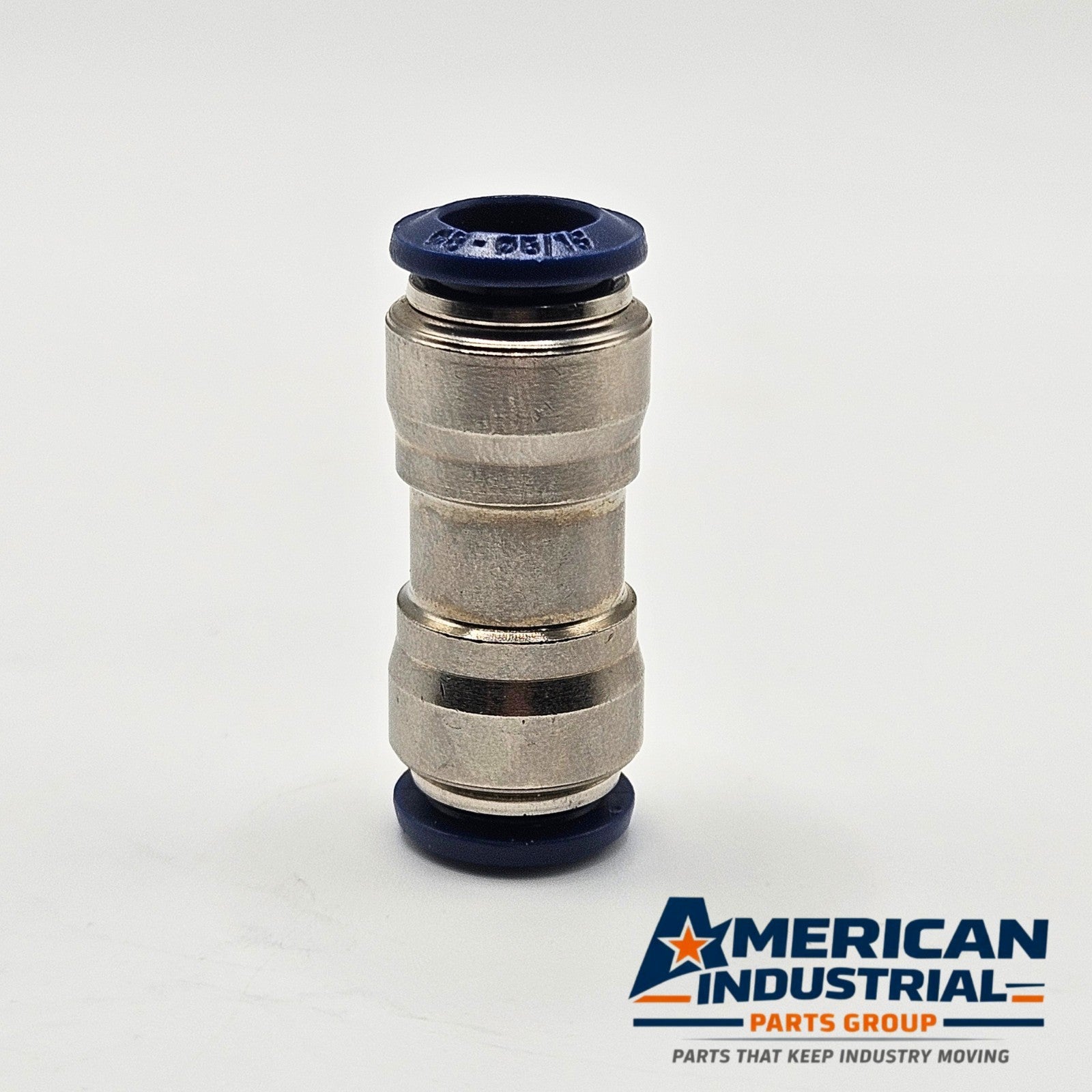 5/16 inch push-to-connect pneumatic tube union fitting port detail, industrial automation MRO compressed air fitting. American Industrial Parts Group.