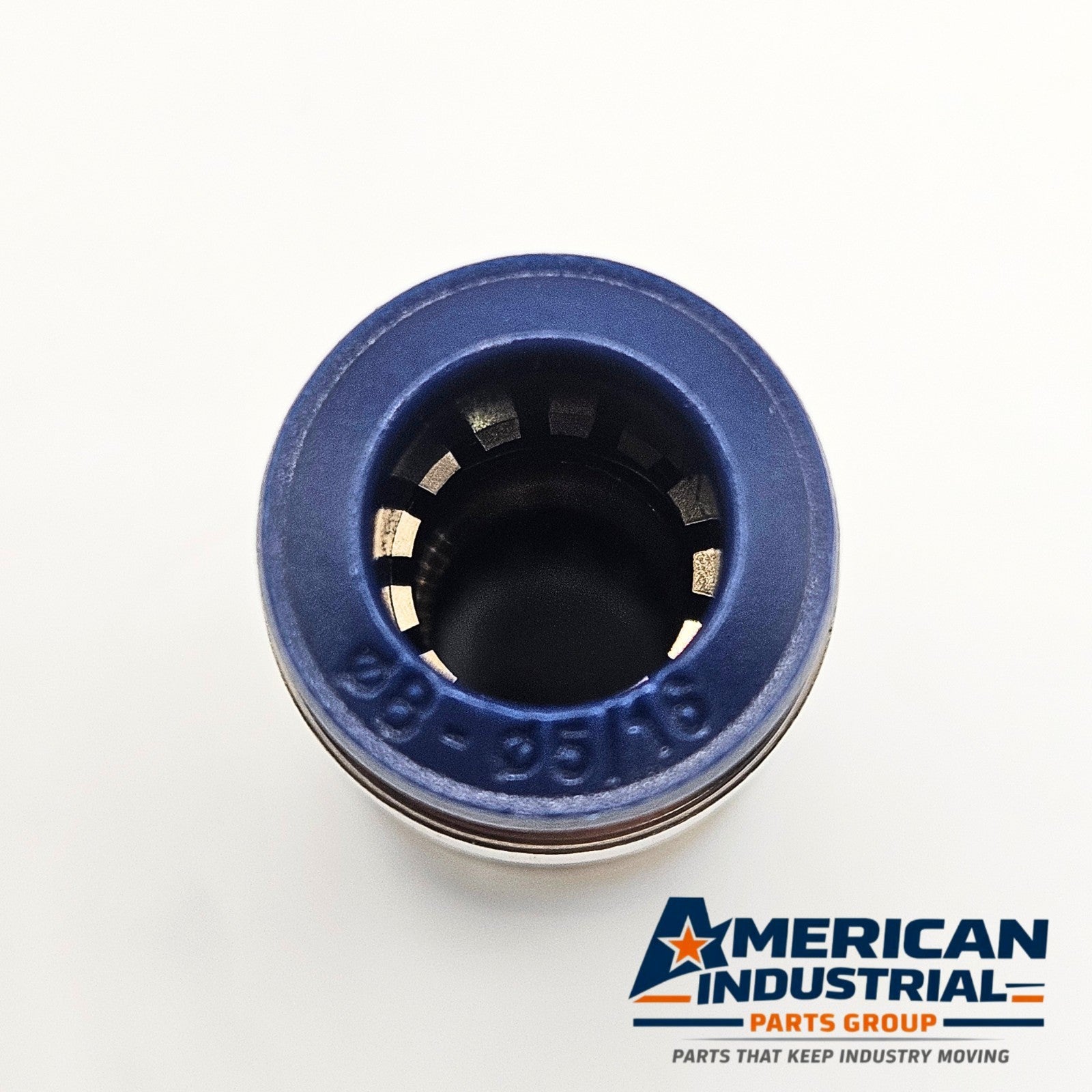 5/16 inch push-to-connect pneumatic tube union fitting side view, industrial automation MRO pneumatic connector component. American Industrial Parts Group.