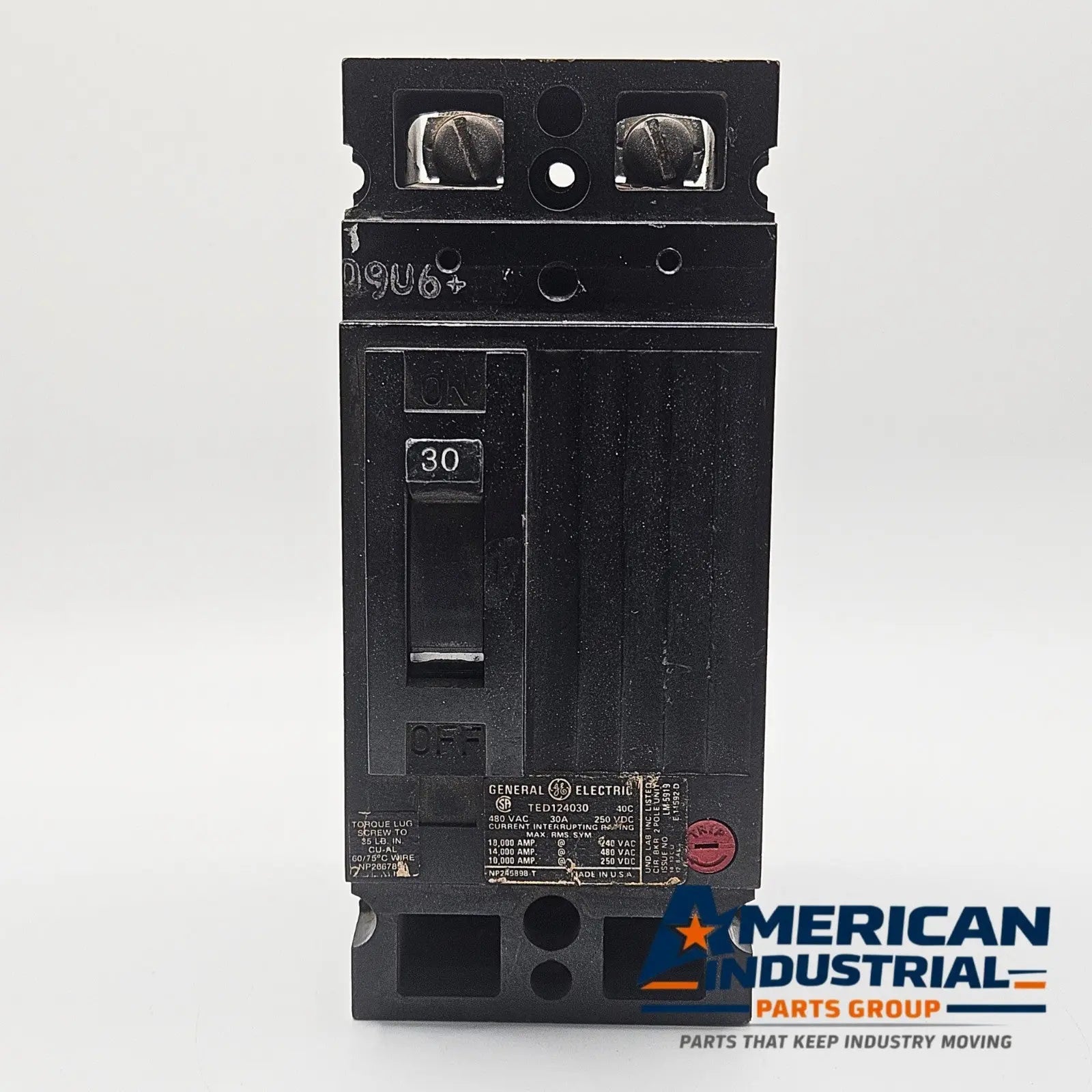 GE TED124030 Type TED circuit breaker for industrial electrical panels and MRO applications. American Industrial Parts Group.