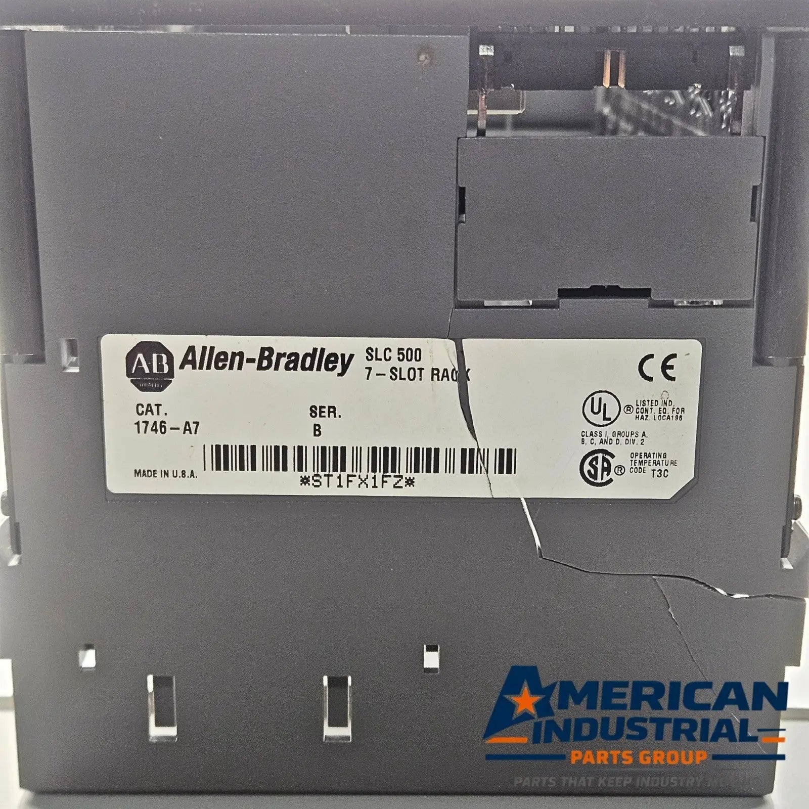 Allen-Bradley 1746-A7 7-slot PLC rack with 1746-P2 power supply for MRO replacement inventory. American Industrial Parts Group.