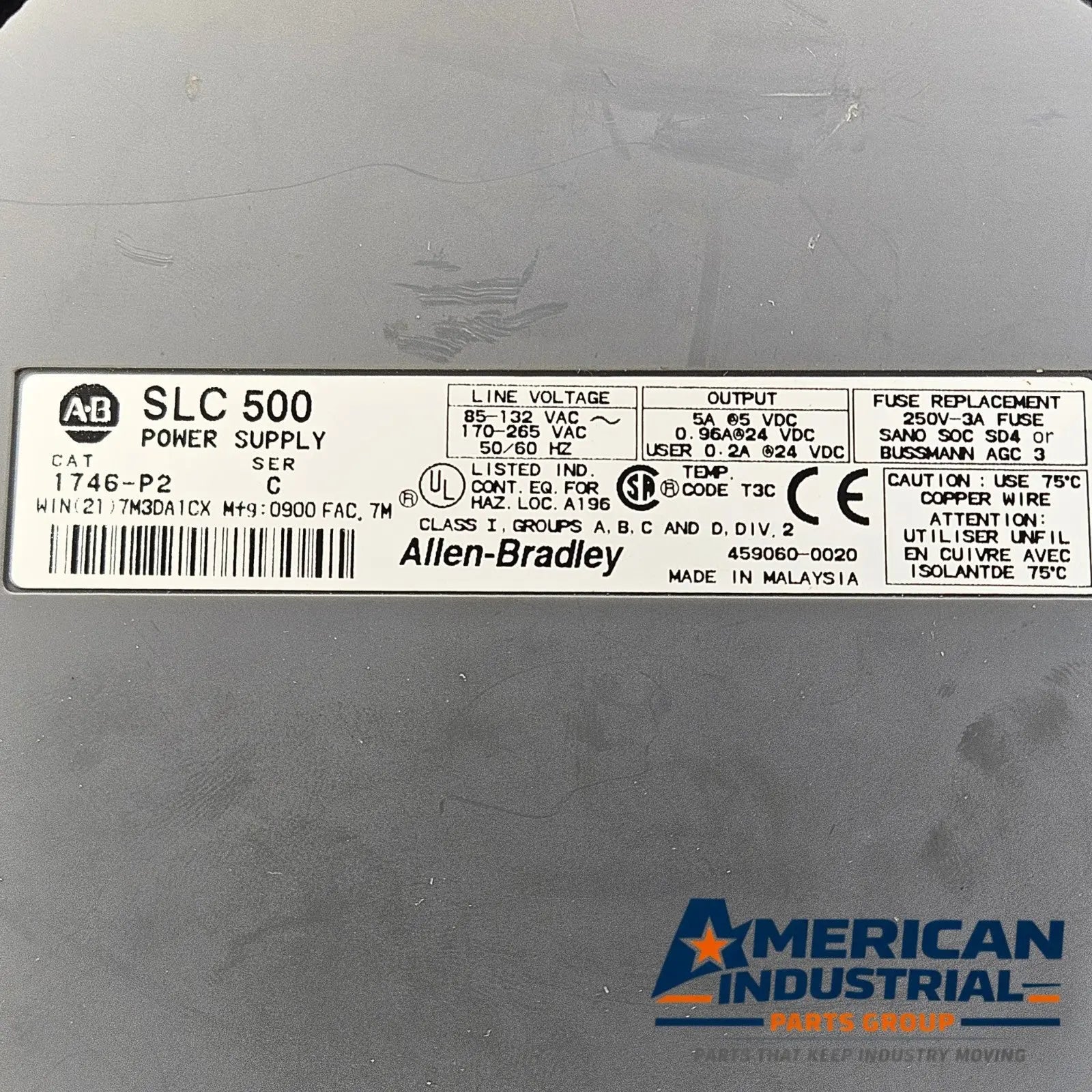 Allen-Bradley 1746-A7 SLC 500 chassis and 1746-P2 power supply used in PLC control panels. American Industrial Parts Group.