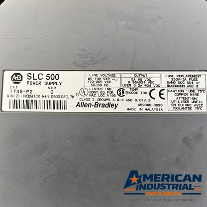 Allen-Bradley 1746-A7 SLC 500 chassis and 1746-P2 power supply used in PLC control panels. American Industrial Parts Group.