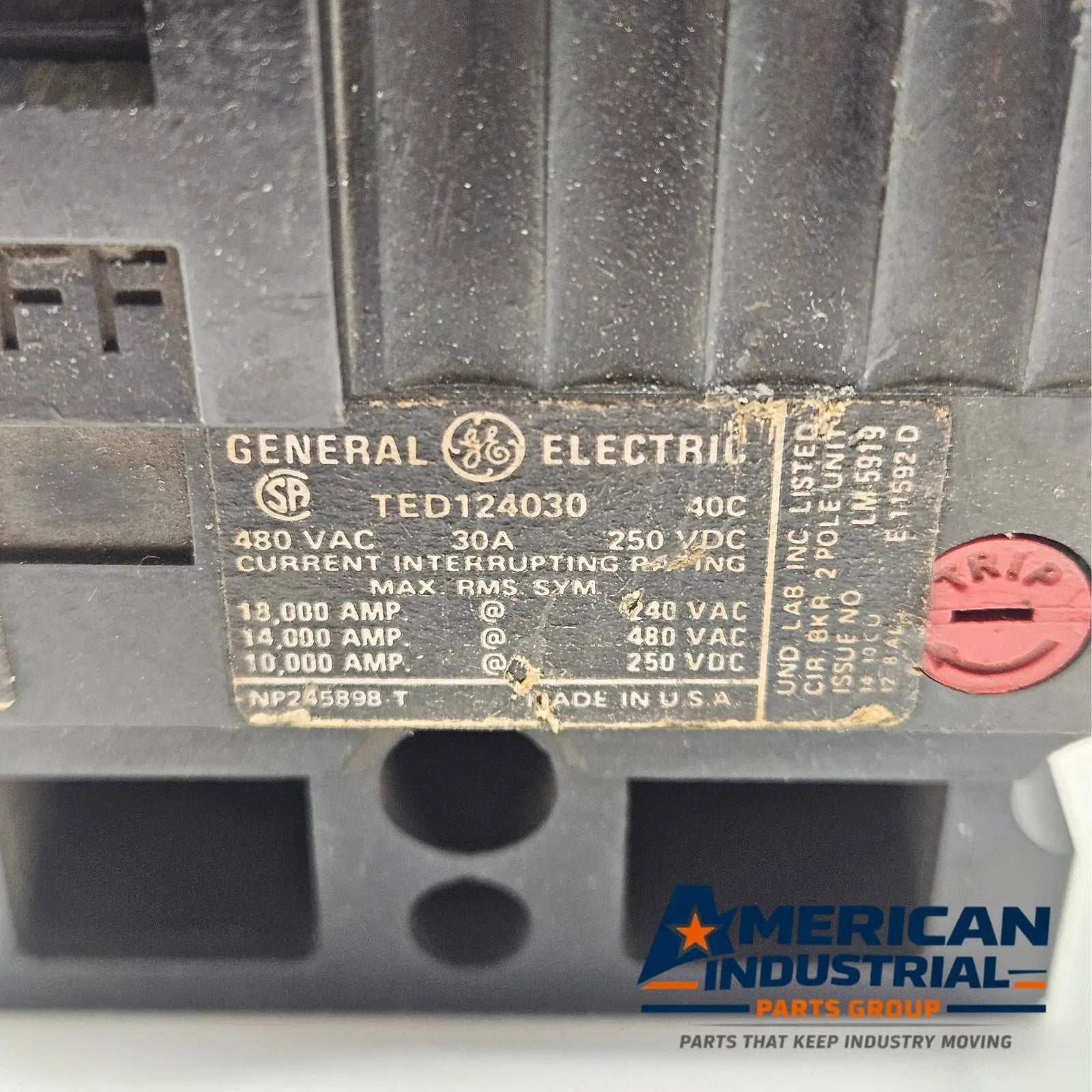 GE TED124030 30 amp molded case circuit breaker for industrial equipment maintenance. American Industrial Parts Group.