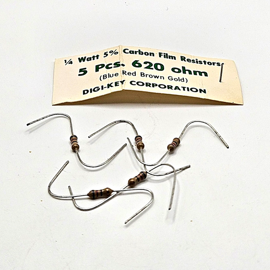 Lot of 5 620 ohm 1/4W 5% carbon film axial resistors for circuit repair and vintage electronics restoration