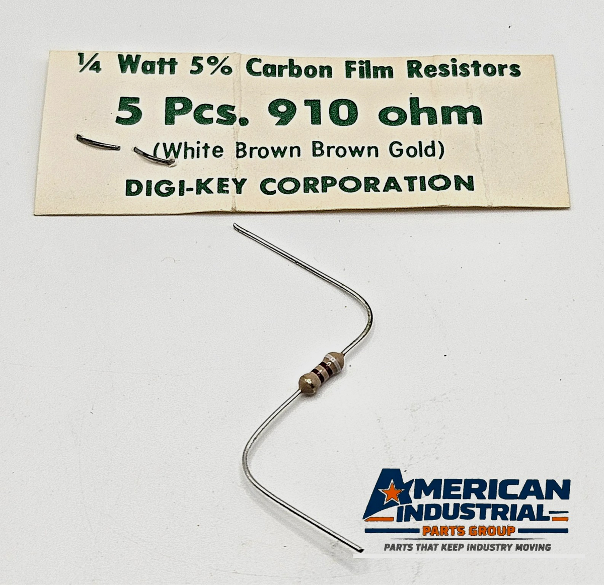 Lot of 5 910 ohm 1/4W 5% carbon film axial resistors for circuit repair and vintage electronics restoration