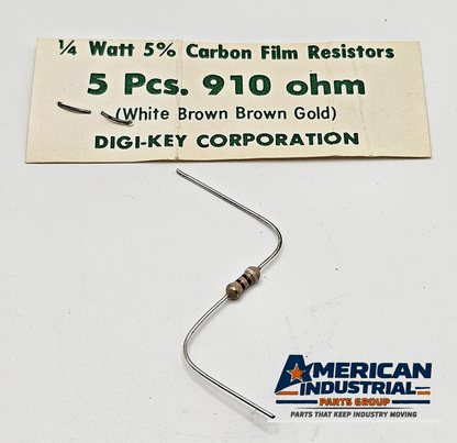 Lot of 5 910 ohm 1/4W 5% carbon film axial resistors for circuit repair and vintage electronics restoration