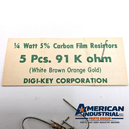 Lot of 5 91K ohm 1/4W 5% carbon film axial resistors for circuit board repair from American Industrial Parts Group