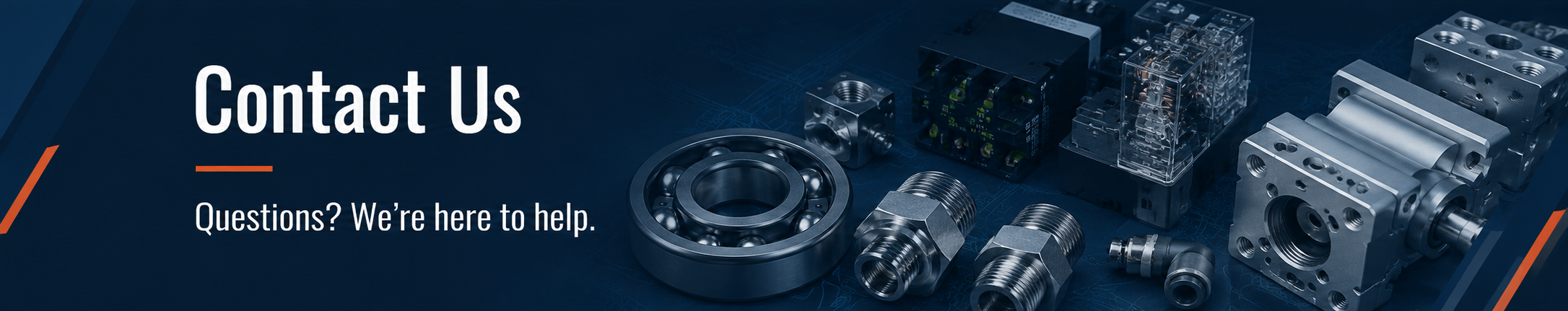American Industrial Parts Group contact banner featuring industrial automation components, bearings, relays, pneumatic fittings, and the text “Contact Us—Questions? We’re here to help.”