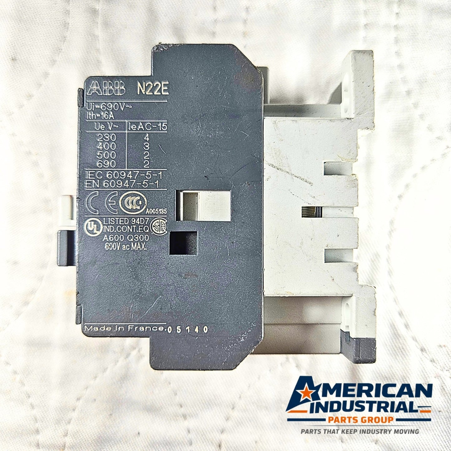ABB N22E auxiliary contact block label detail. American Industrial Parts Group.